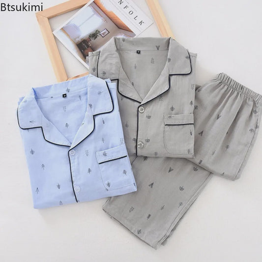 Heren Pyjama Set van 100% Katoen Gauze - Korte Mouw & Print - Comfortabele Homewear voor Zomer