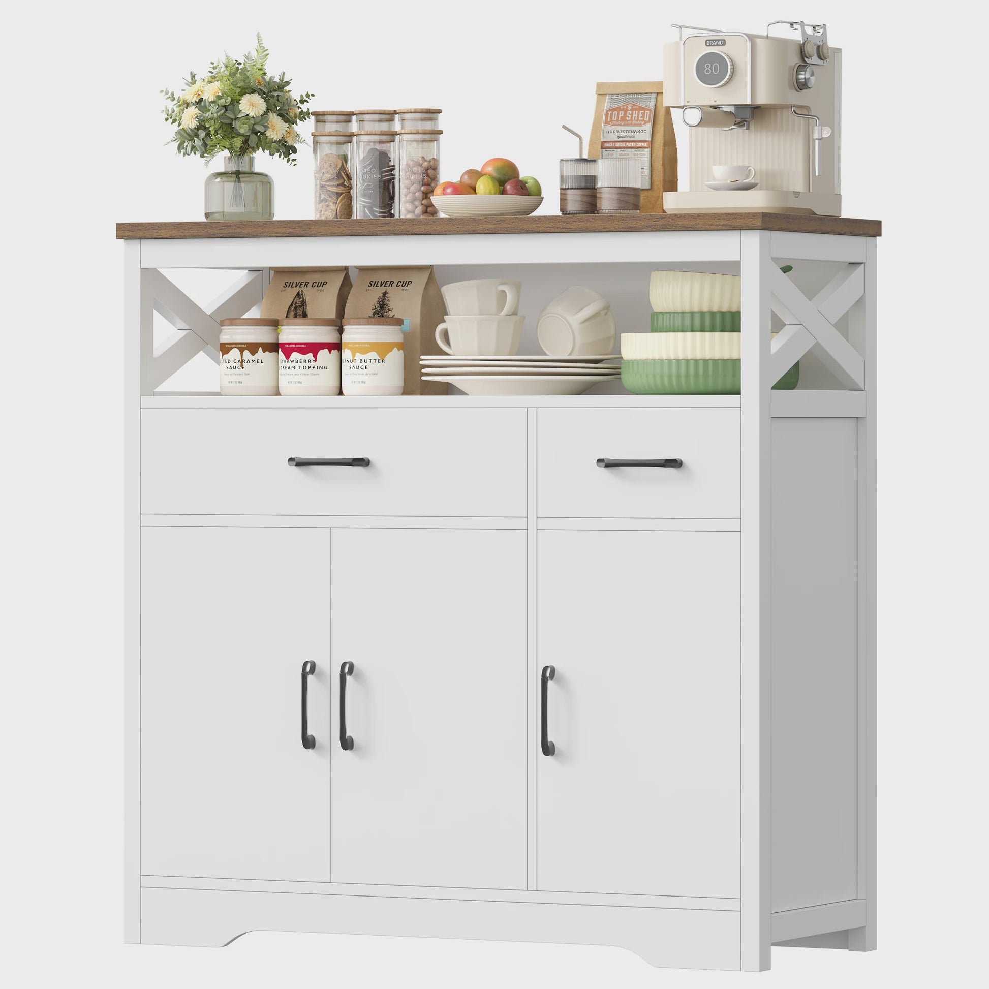 Stijlvol Wit Sideboard met 2 Lades en 3 Deuren - Buffetkast voor Woon- en Eetkamer