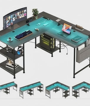 L-vormig Bureau met LED Verlichting, Stopcontacten en USB-poorten - Modern Grijs Design