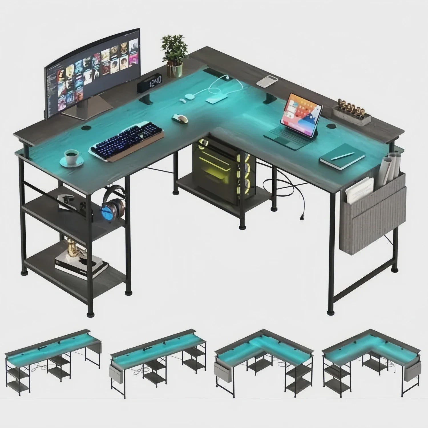 L-vormig Bureau met LED Verlichting, Stopcontacten en USB-poorten - Modern Grijs Design