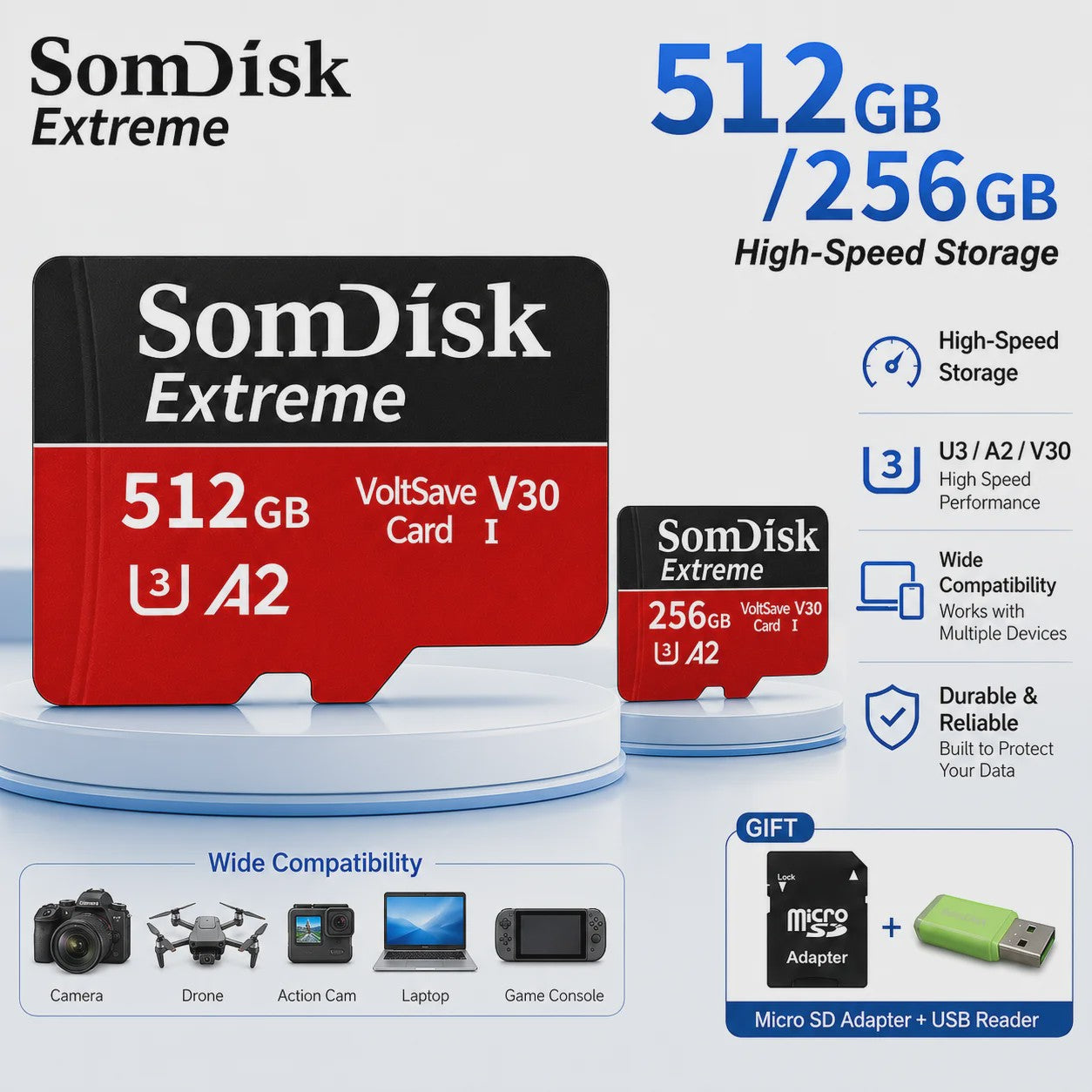 Snelle Micro SD Kaarten (128GB/256GB/512GB) voor Drone, Dash Cam & Tablet - Hoge Capaciteit