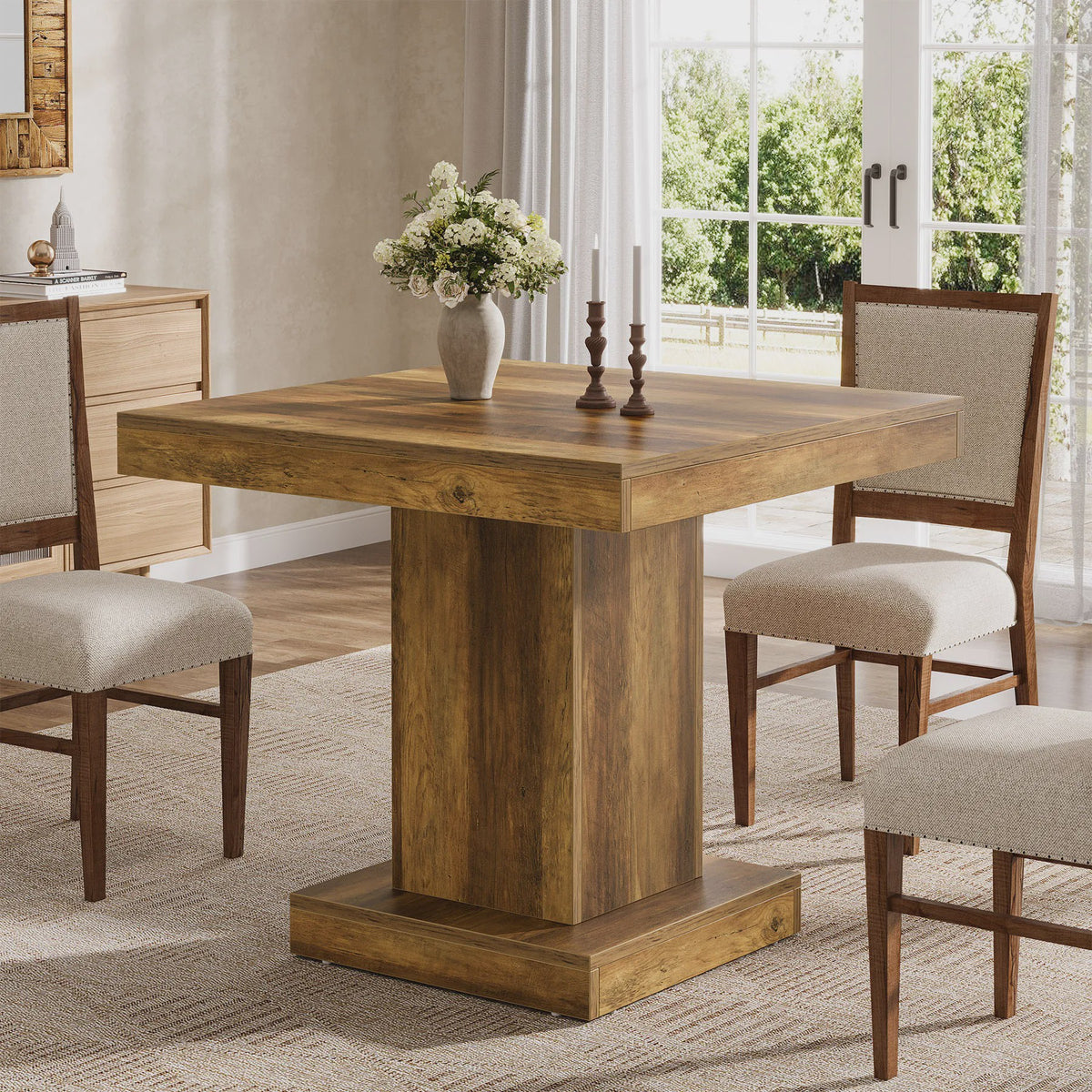 Rustieke Houten Eettafel Vierkant 31.5 Inch met Pootonderstel - Geschikt voor 4 Personen