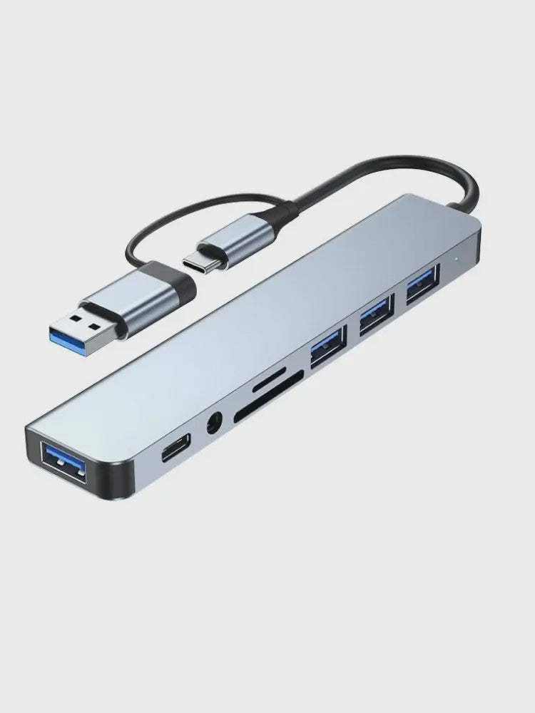 8-in-2 USB-C Hub: Expander met USB 3.0, Type-C, SD/TF & Audio voor Telefoon/Tablet