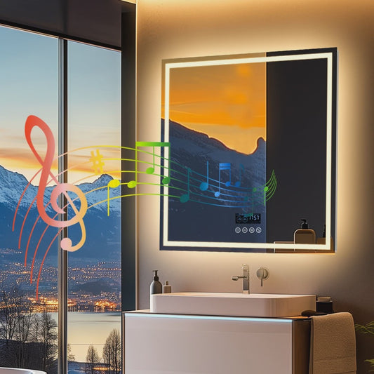 80cm LED Spiegel met Bluetooth, Tijd, Temperatuur & 3 Kleuren Verlichting - Anti-Condens