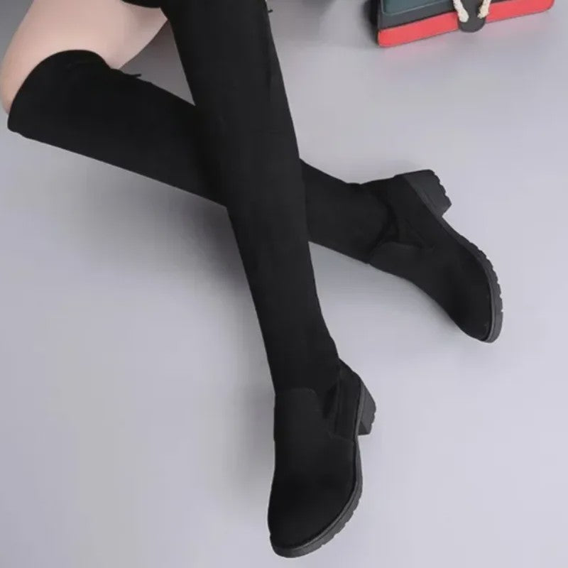 Dames Laarzen Zwart Over Knee - Winter 2024 - Comfortabele Suede Laarzen met Blokhak en Veters