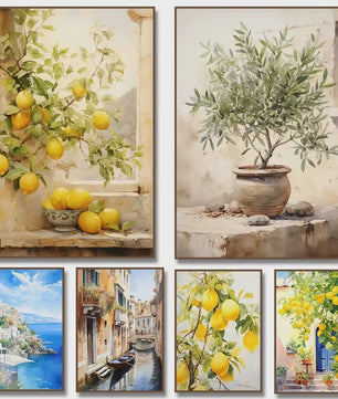 Mediterrane Canvas Poster: Citroenboom en Olijfboom met Grieks Landschap
