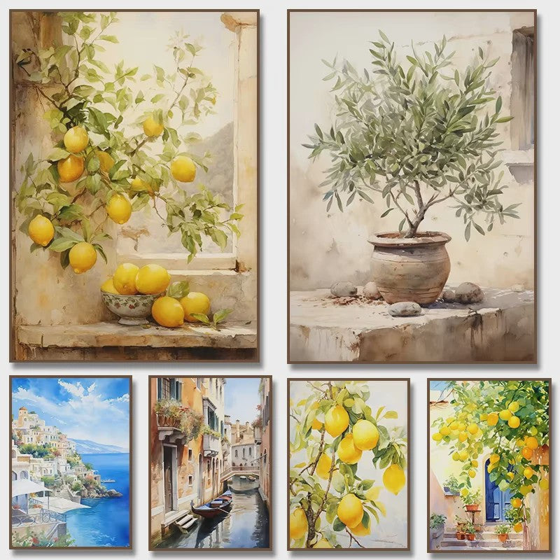 Mediterrane Canvas Poster: Citroenboom en Olijfboom met Grieks Landschap