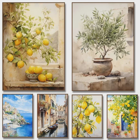 Mediterrane Canvas Poster: Citroenboom en Olijfboom met Grieks Landschap