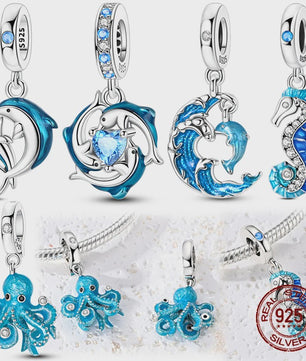 925 Sterling Zilveren Bedel Set: Dolfijn, Zeepaardje & Octopus - Blauw - DIY Armband Sieraden