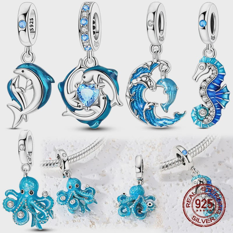 925 Sterling Zilveren Bedel Set: Dolfijn, Zeepaardje & Octopus - Blauw - DIY Armband Sieraden