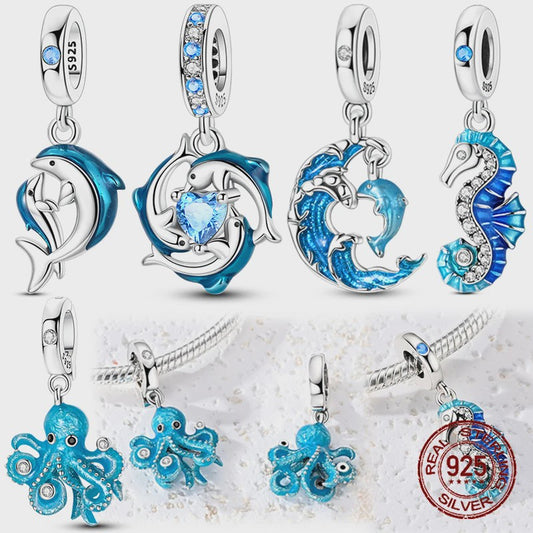 925 Sterling Zilveren Bedel Set: Dolfijn, Zeepaardje & Octopus - Blauw - DIY Armband Sieraden