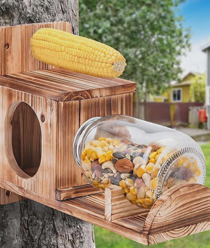Houten Eekhoornvoerder met Glazen Pot (1L) - Winddicht & Duurzaam Buiten Voederhuisje