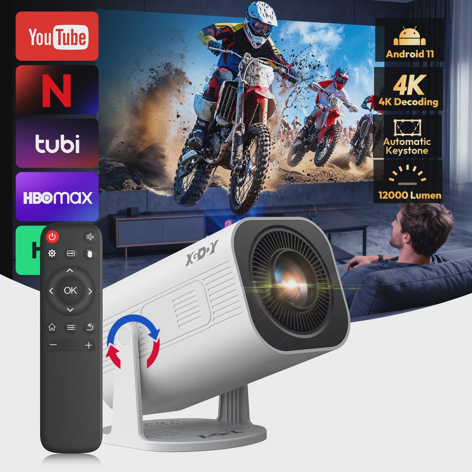 XGODY 4K Mini Projector: Android 11, 12000 Lumens, Dual WiFi6 & Bluetooth 5.4
