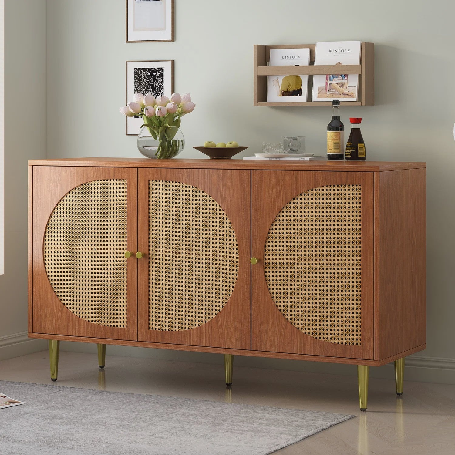 Stijlvol Dressoir met 3 Rotan Deuren en Metalen Handgrepen - Woonkamer & Slaapkamer Kast