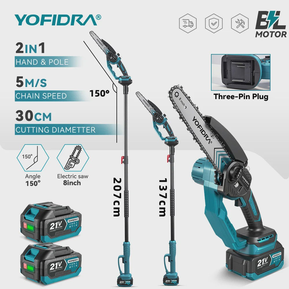 YOFIDRA Telescopische Snoeizaag 8-Inch Brushless Motor - 2-in-1 Hoge Takken Snoeien