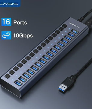 Acasis 16-Poorts USB Hub 10Gbps met Individuele Schakelaars & Snelle Data Transfer
