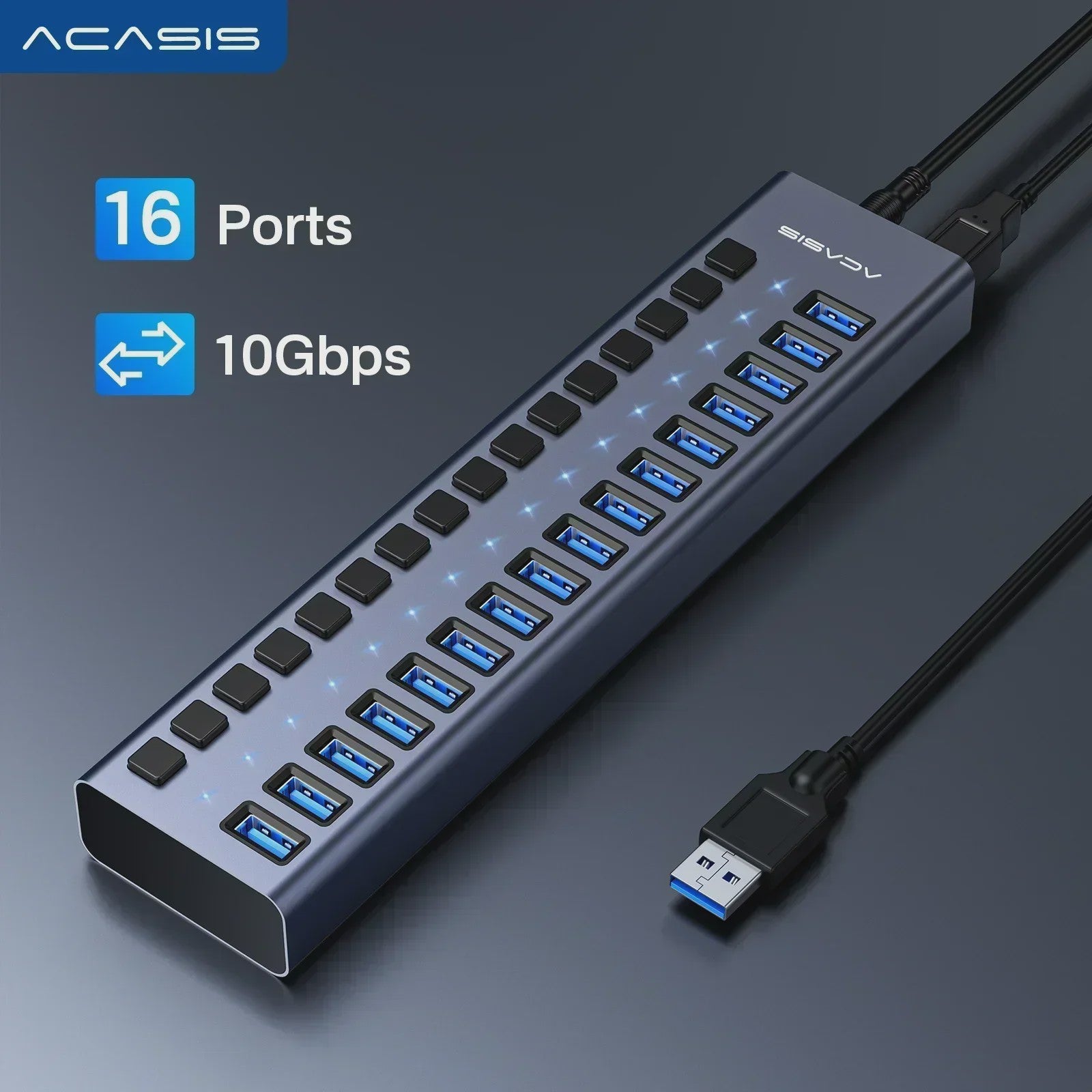 Acasis 16-Poorts USB Hub 10Gbps met Individuele Schakelaars & Snelle Data Transfer
