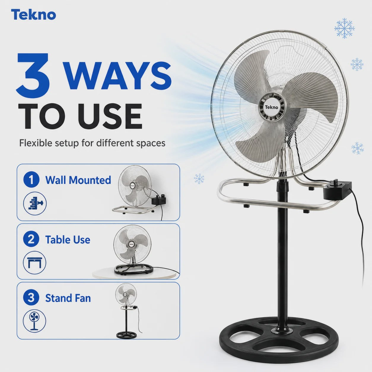 3-in-1 Metalen Ventilator: Vloer, Tafel & Wandmodel - Verstelbaar tot 130cm