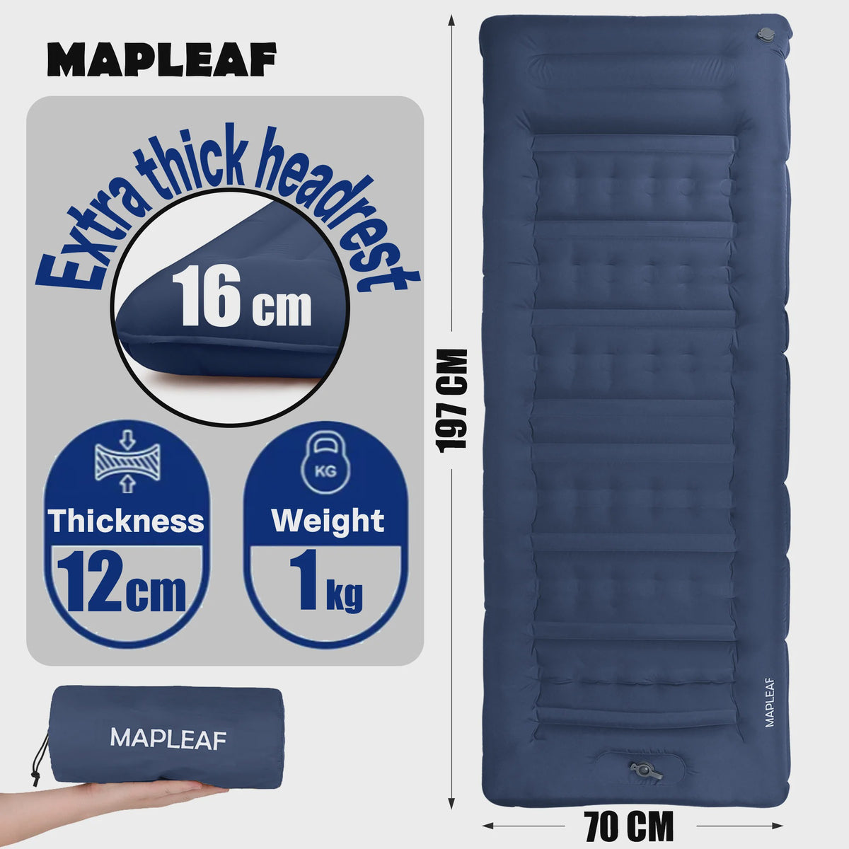 MAPLEAF Opblaasbaar Kampeerluchtbed met Ingebouwd Hoofdkussen - Ultralicht 1kg, Waterdicht, 12cm Dik, Voetpomp