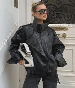 Dames Elegante Zwarte Jas - Street Style Asymmetrisch met Rits en Zakken