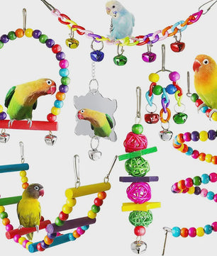 7-delige Houten Papegaai Speelgoed Set voor Vogels - Klimtouw, Schommel, Bal & Spiegel