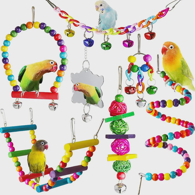 7-delige Houten Papegaai Speelgoed Set voor Vogels - Klimtouw, Schommel, Bal & Spiegel