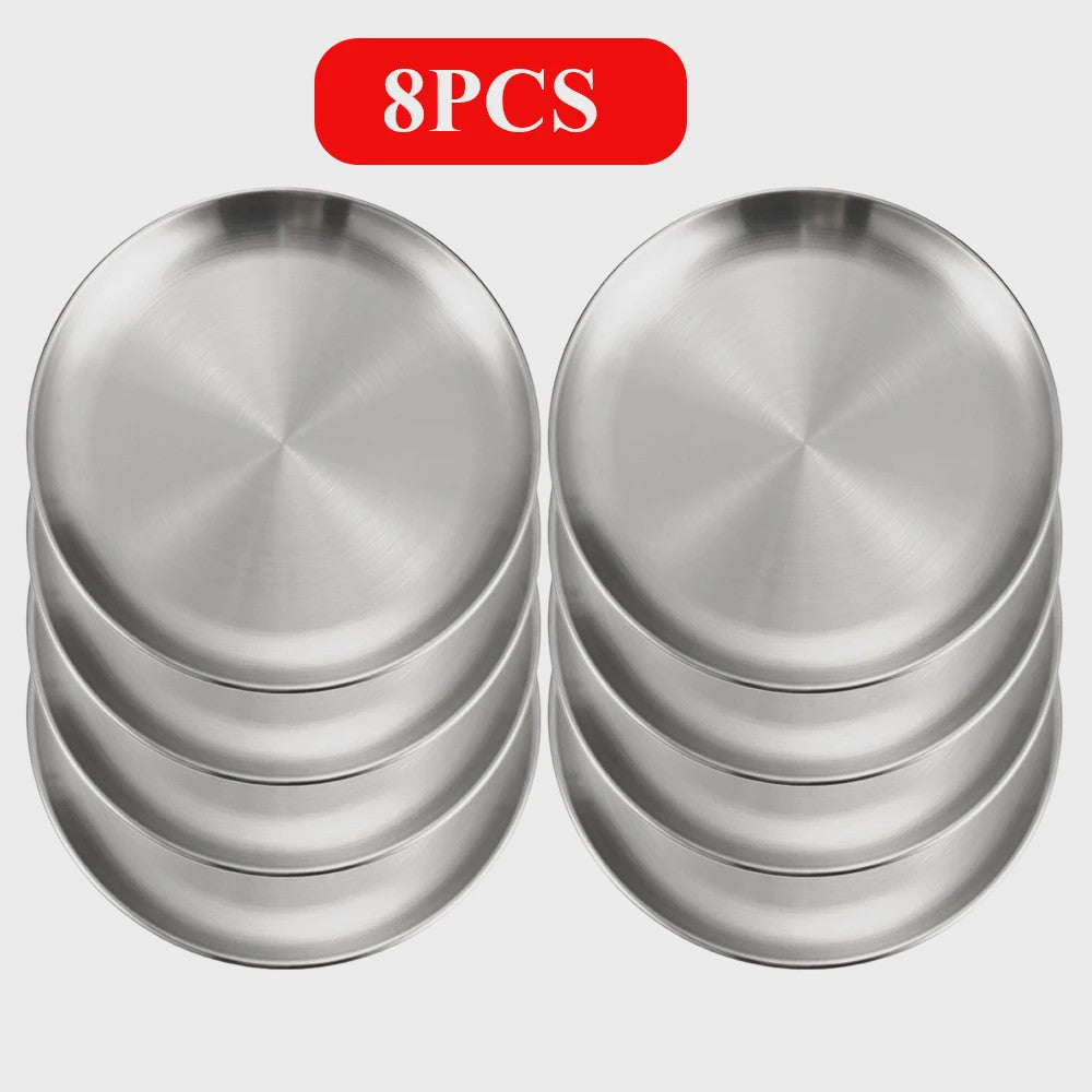 8-delige RVS Serveerschalen Set - Ronde Metalen Borden voor Diner, BBQ & Camping