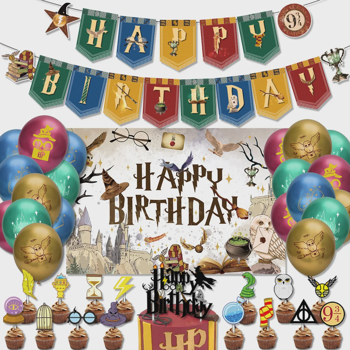 Harry Potter Verjaardagsfeest Decoratie Set - Banner, Cake Toppers & Ballonnen
