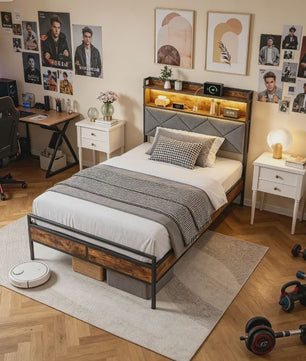Modern Metalen Bed 90x200cm met LED Verlichting, Opbergkopstuk en USB-poorten
