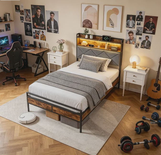 Modern Metalen Bed 90x200cm met LED Verlichting, Opbergkopstuk en USB-poorten