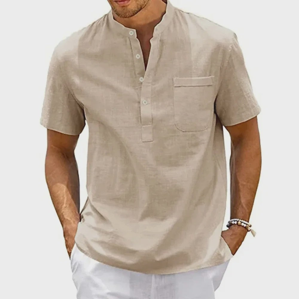 Herenshirt met Hennekhals en Borstzak - Korte Mouw, Katoen Linnen Mix - Casual & Vintage Stijl