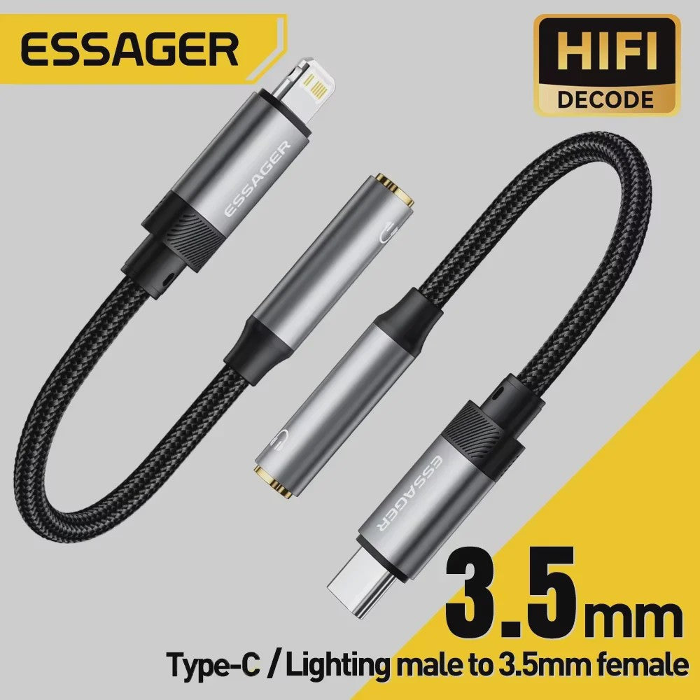 Essager Type-C & Lightning naar 3.5mm Jack AUX Audio Kabel Adapter voor iPhone 15/14/13, Samsung, MacBook
