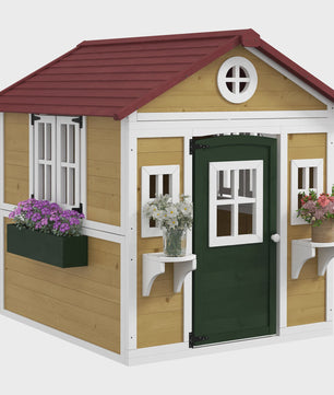 Outsunny Houten Speelhuisje met Deur, Ramen, Bloembakken en Plankjes - 114x126.4x135 cm