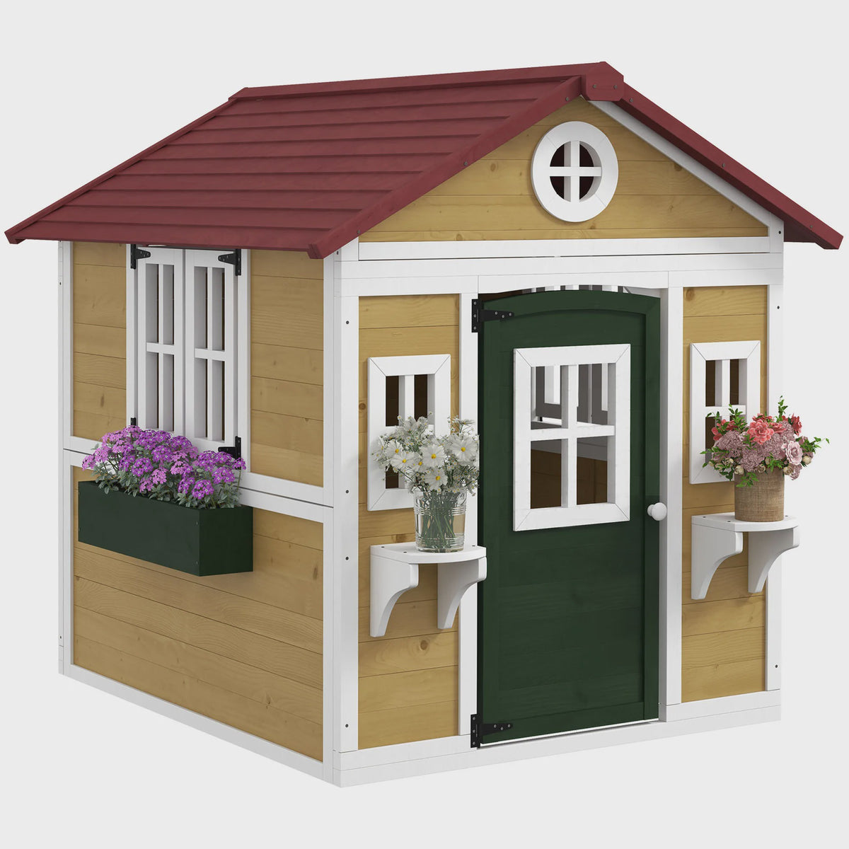 Outsunny Houten Speelhuisje met Deur, Ramen, Bloembakken en Plankjes - 114x126.4x135 cm