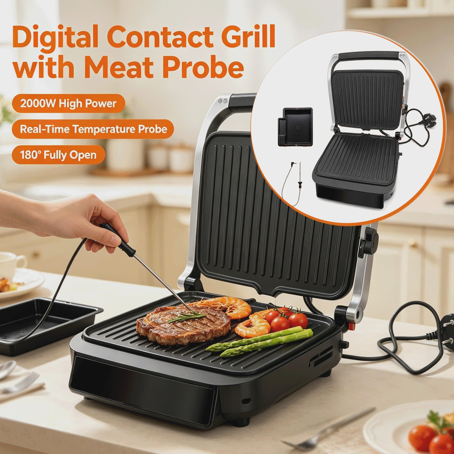 SLG5029 Elektrische Contact Grill 2000W - Digitaal, met Vleesthermometer, Panini Press & 180° Open Functie