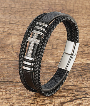 Leren Kruis Armband met Zirkonia - Stijlvol voor Hem en Haar