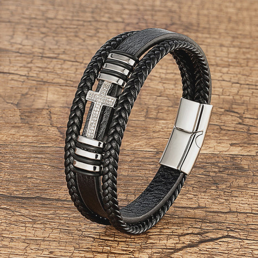 Leren Kruis Armband met Zirkonia - Stijlvol voor Hem en Haar