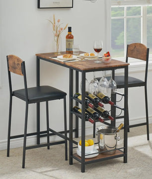 3-delige Bartafel Set met 2 Stoelen, Wijnrek en Opbergruimte