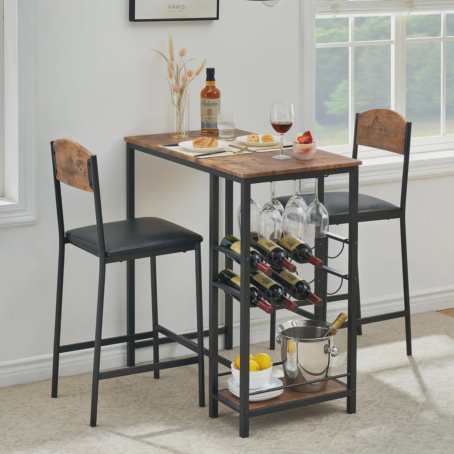 3-delige Bartafel Set met 2 Stoelen, Wijnrek en Opbergruimte