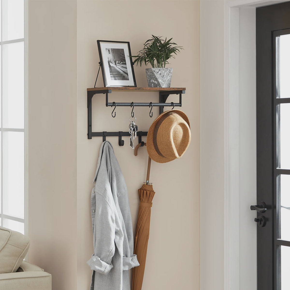 Wandkapstok met Plank en 8 Haken - Industrieel Design, 40x24x24 cm