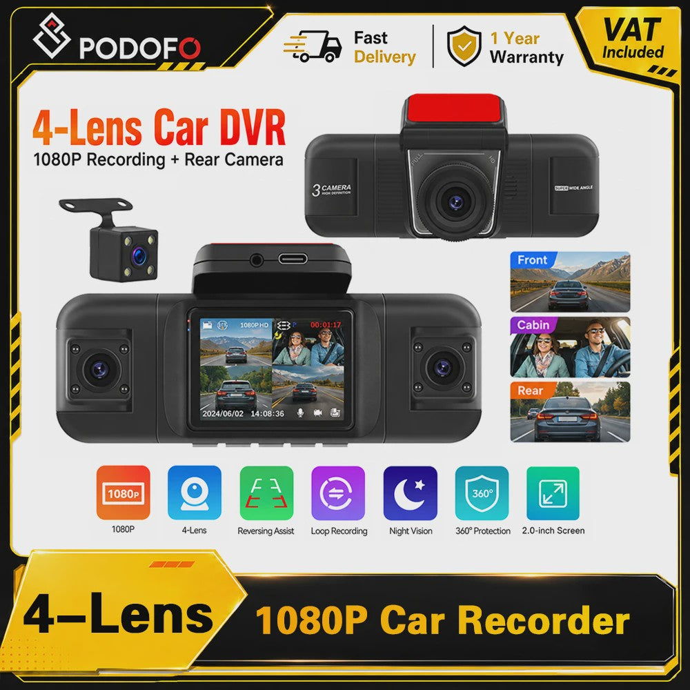 Universele 4-Kanaals Dashcam met 1080P HD, Nachtzicht en Parkeerhulp