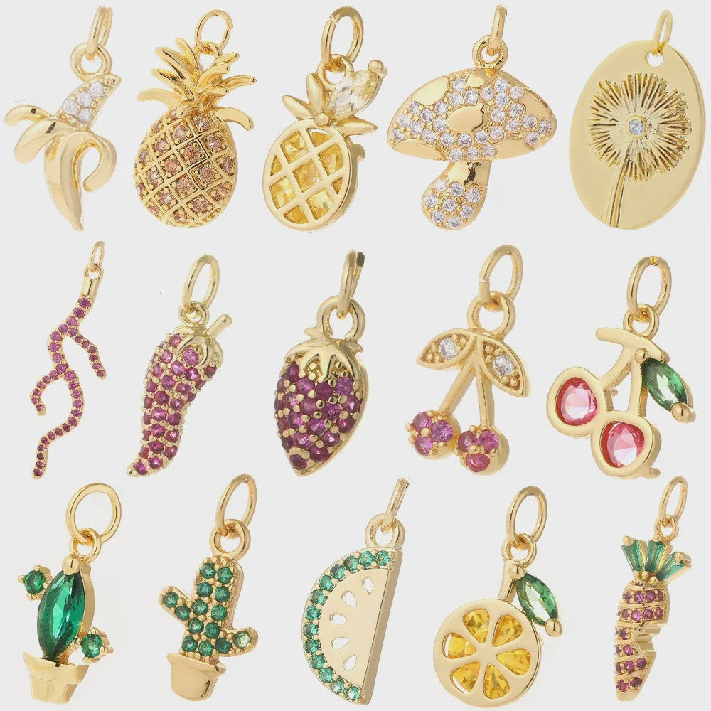 Gouden Bedeltjes voor Sieraden Maken: Cactus, Kers, Paddenstoel, Bloem & Fruit