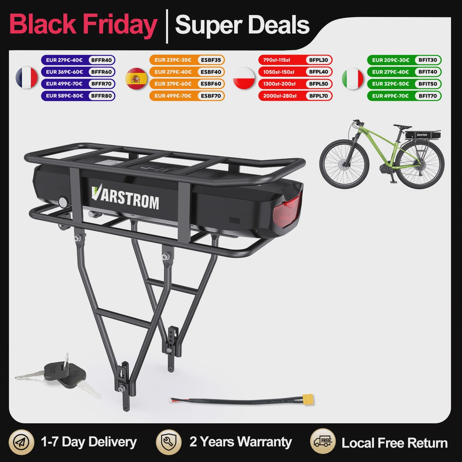 Lithium E-bike Batterij Pack 36V/48V/52V - 17.5Ah/20.8Ah Achterdrager Batterij