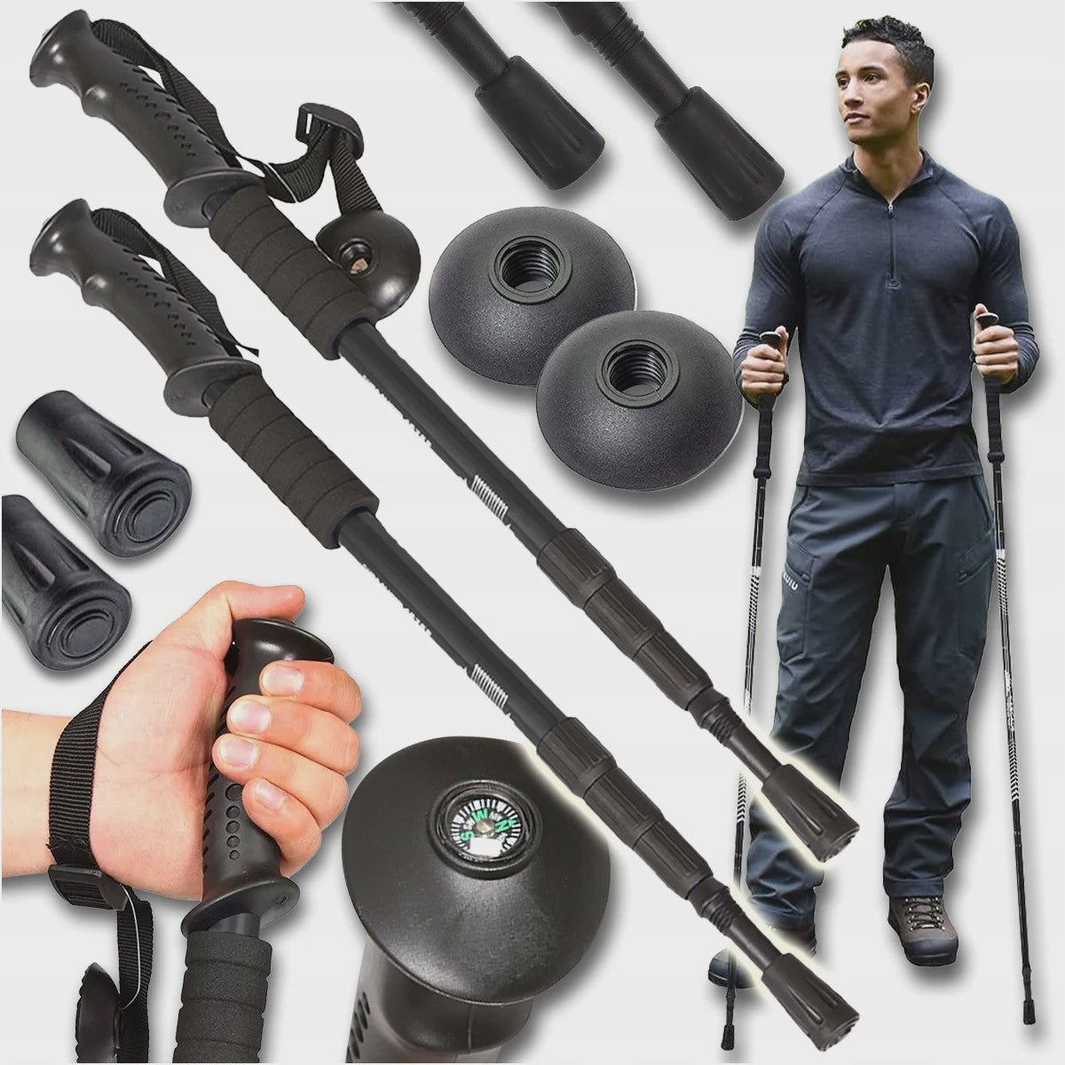 Trekkingstokken Set van 2 - Anti-Shock Aluminium, Telescopisch 65-135 cm, Inclusief Kompas & Tips
