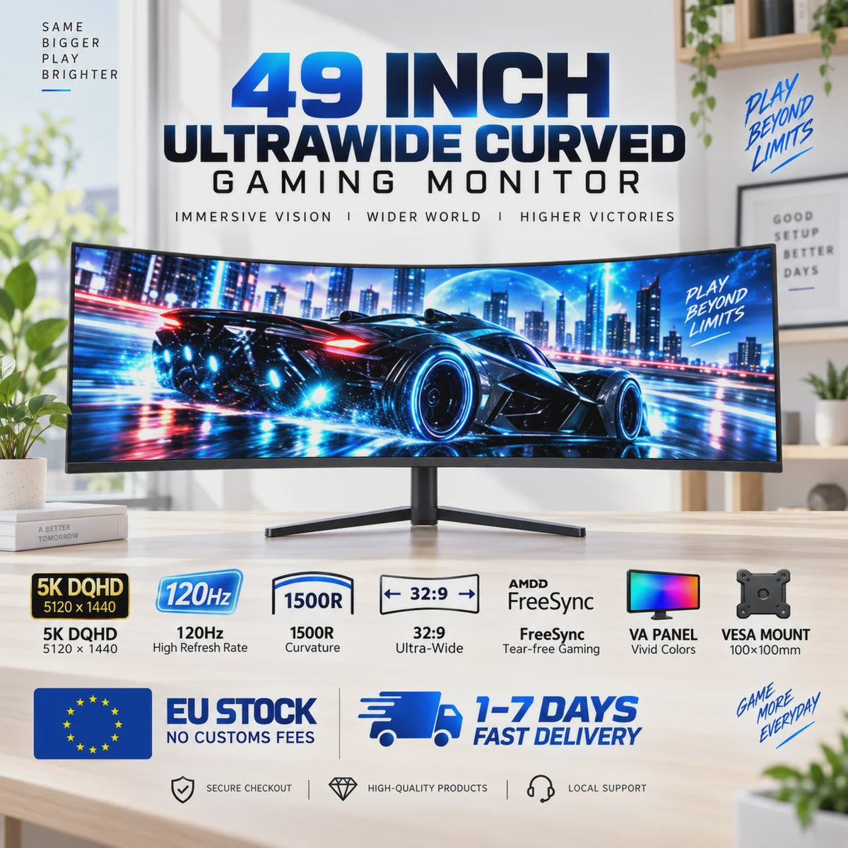 Crua 49 Inch 5K DQHD Ultrawide Curved Gaming Monitor - 120Hz, 5120x1440, VA Panel, FreeSync