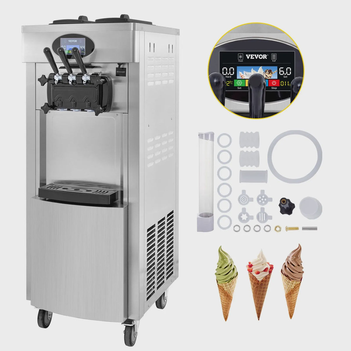 VEVOR Professionele Softijsmachine - 2+1 Smaken, 2200W, 20-28L/U