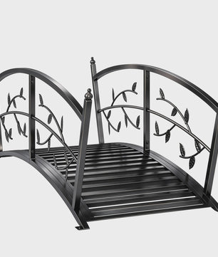 Metalen Tuinbrug 1.2m met Sierlijke Bladmotieven en Veiligheidsreling - Zwart