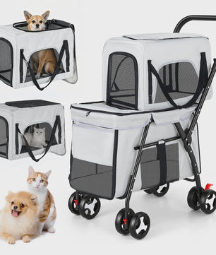 3-in-1 Hondenbuggy met 2 Niveaus - Draagbaar, Opvouwbaar & Veilig - Grijs