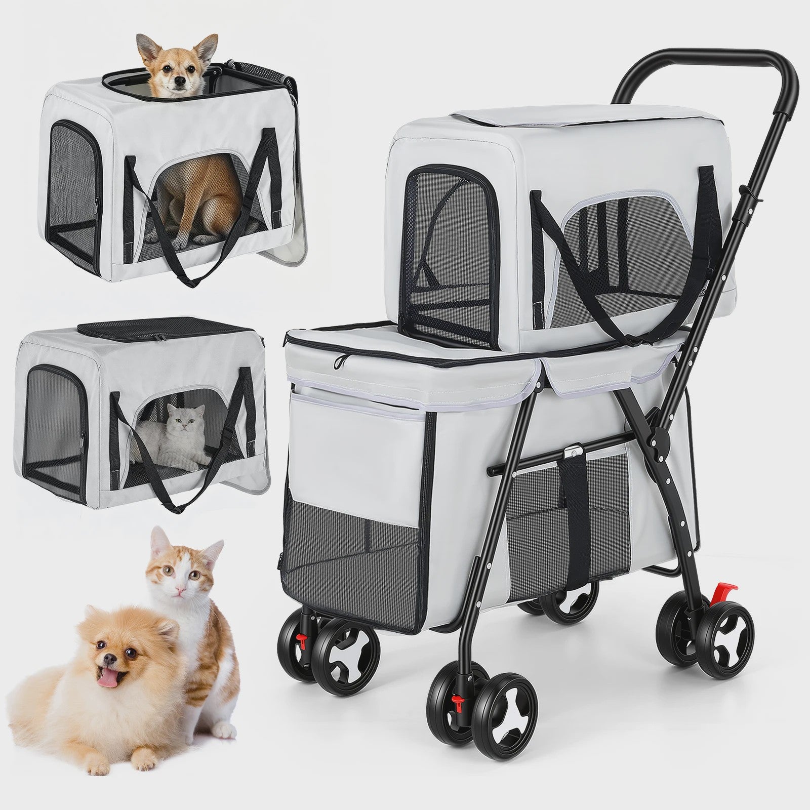 3-in-1 Hondenbuggy met 2 Niveaus - Draagbaar, Opvouwbaar & Veilig - Grijs