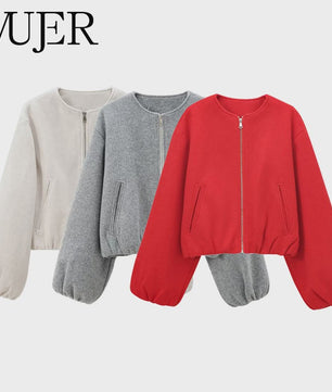Dames Cropped Bomberjack met Rits - Zachte Stijlvolle Jas met Lange Mouwen